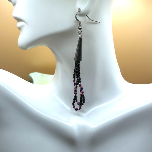 Long Vintage Artist Beaded Silver Black Purple Chandelier Boho Earrings - Picture 4 of 5